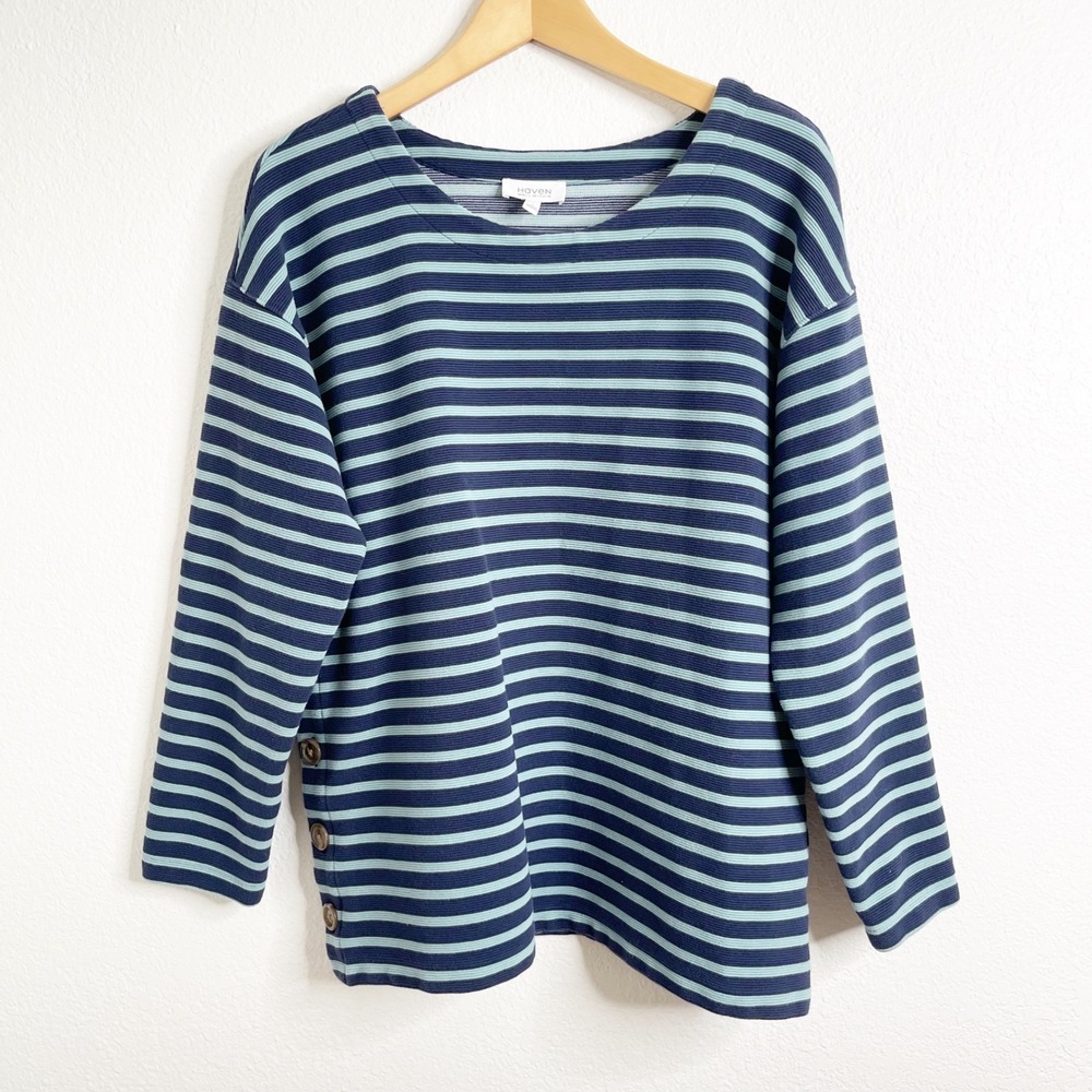 Haven Well Within Womens Large Striped Ribbed Boat Neck Top‎ Side Button Navy